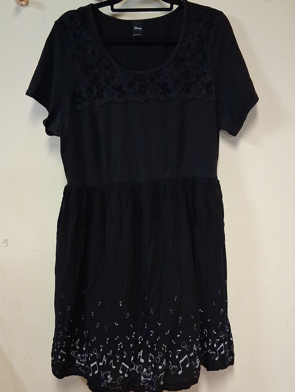 Disney Black Short Sleeve Scoop Neck Dress with Aristocats Musical Note Hem